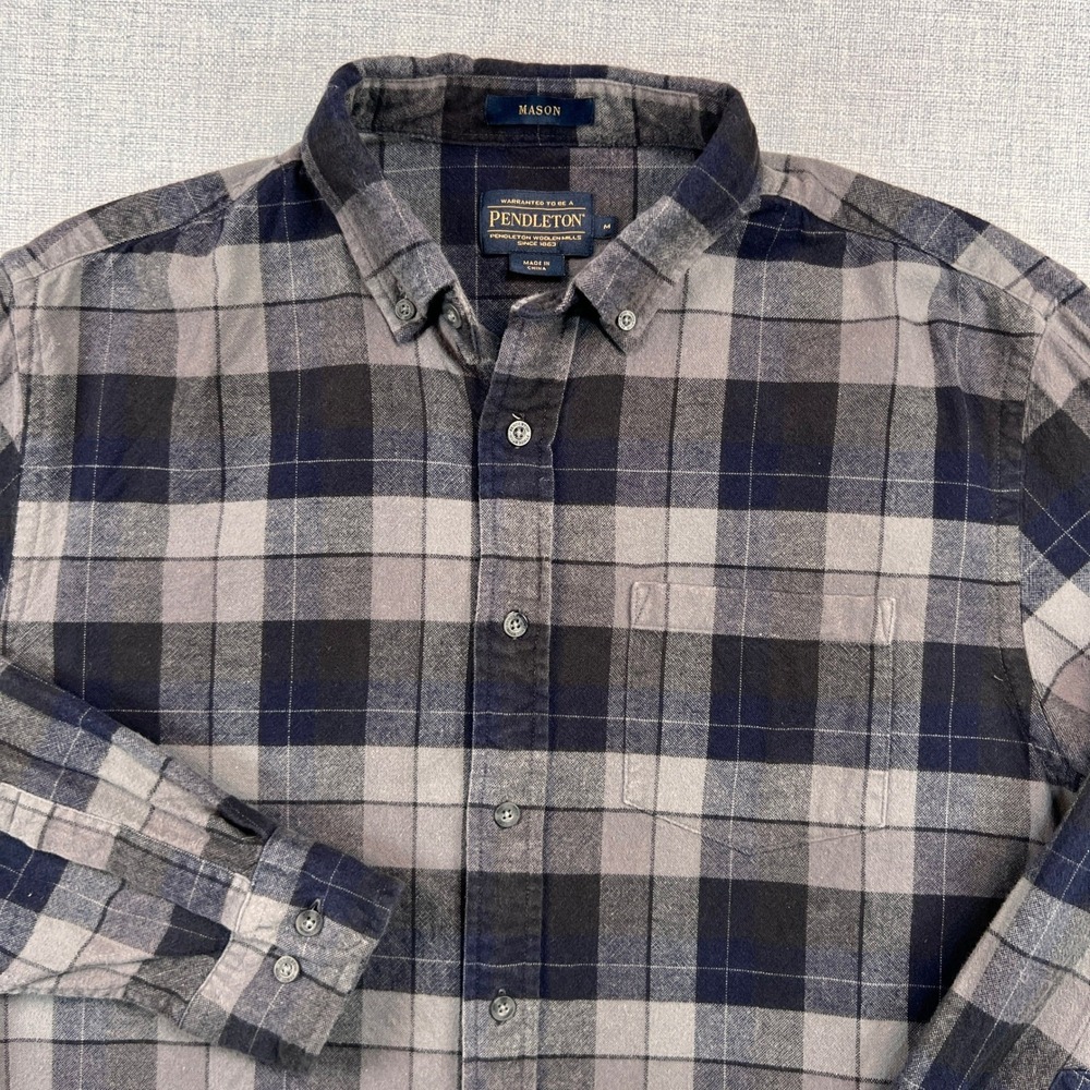 Pendleton Mason Plaid Flannel Shirt Men Medium Black Gray Heritage Outdoor Gorp